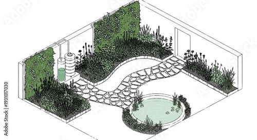 Isometric view of a small garden with a pond and stone pathway plants