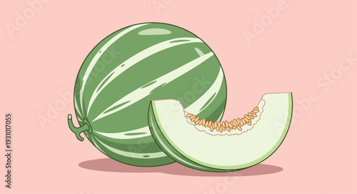 Fresh striped melon with a slice showing seeds illustration on soft pink background for healthy eating and summer fruit concept.