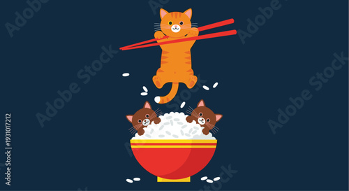 Playful cats in a red bowl of rice with chopsticks on a dark blue background for funny pet and asian food fusion illustration.