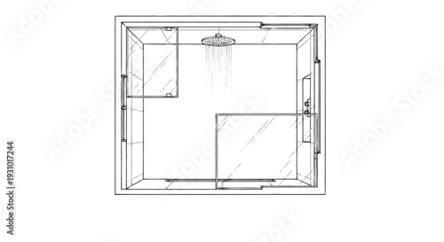 Black and white line of shower room interior with glass walls and rainfall showerhead