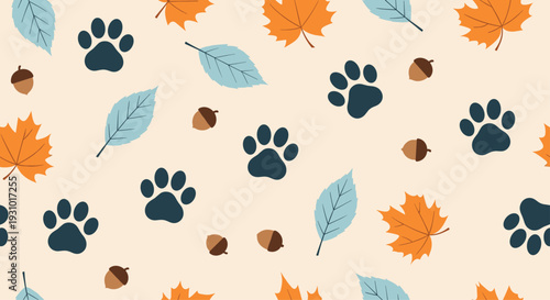 Autumn seamless pattern with animal paw prints fallen leaves and acorns on a cream background for pet lovers and fall seasonal design.