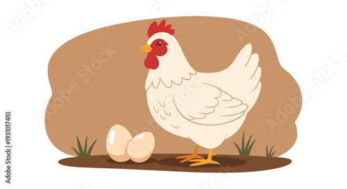 Charming illustration of a white mother hen standing next to two light-colored eggs on a simple brown background depicting farm life and nature.