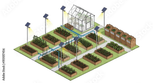 Solar powered greenhouse with raised garden beds and compost bins green house