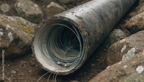 Wallpaper Mural Medium frame capturing buried fiber optic cable sheath with temperature monitoring sensors main cable examined closely while earth and rocks remain blurred. Torontodigital.ca