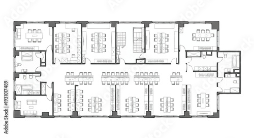 Office building floor plan with cubicles and meeting rooms layout