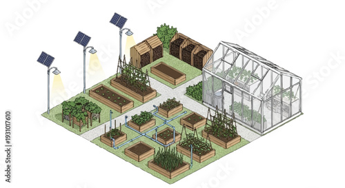 Greenhouse garden with raised beds and solar powered lights plants