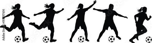 Female Soccer Player Silhouettes Collection, Women Football Athletes Kicking Ball Isolated on White Background Sports Set