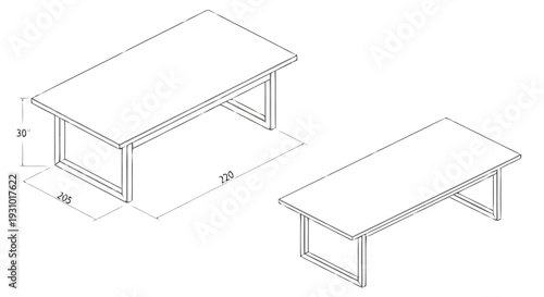 Isometric view of two rectangular tables with dimensions furniture