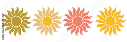 Four Stylized Sun Icons in Different Colors on a White Background symbol weather