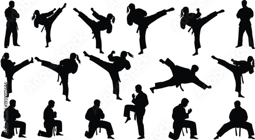 Karate Martial Arts Silhouettes Collection, Fighters High Kick Punch Combat Poses Isolated on White Background Set