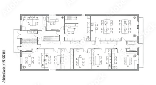 Office building floor plan with multiple rooms and corridors architecture layout