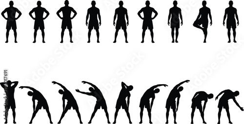 Male Fitness Silhouettes Collection, Athletic Man Stretching Warm Up Exercises Isolated on White Background Set