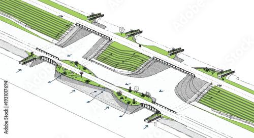 Aerial view of a road with grassy median and pedestrian bridges highway green