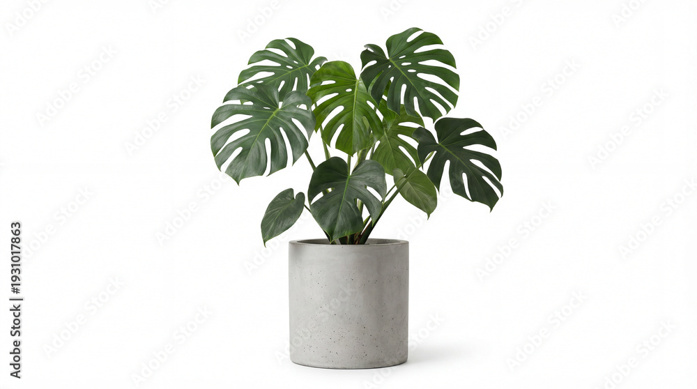 Fototapeta premium Monstera Plant in Concrete Pot: A vibrant monstera plant with its iconic, hole-filled leaves flourishes in a modern concrete pot, embodying the essence of indoor tranquility and contemporary design.