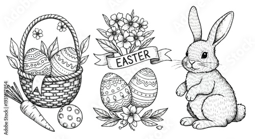 Easter bunny with basket eggs carrots flowers rabbit