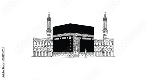 Black cube building with towers and arches stone structure