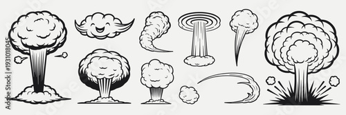 Set of Black and White Cartoon Style Explosion and Smoke Cloud Illustrations comic