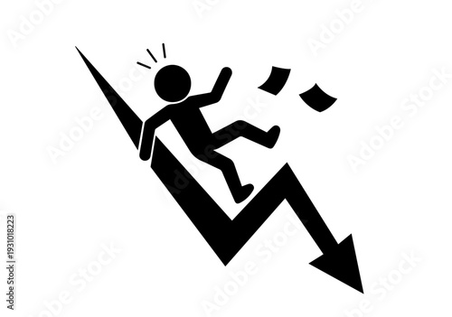 Stickman falling downward with flying documents, representing business loss, financial crisis, failure, market crash, bankruptcy, and economic instability.