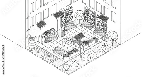 Isometric view of urban courtyard with benches and planters trees