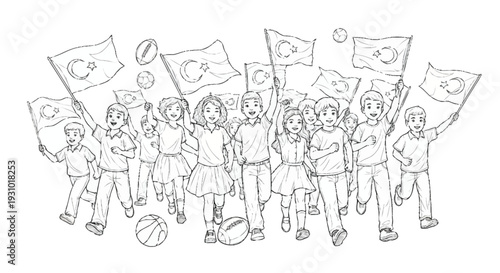 Children holding Turkish flags and sports equipment soccer balls basketballs