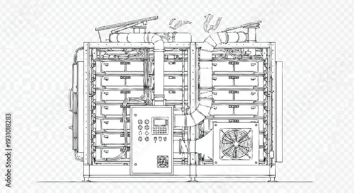Industrial machine with exposed internal components and control panel technical mechanical equipment