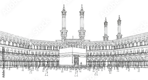 Black and white of the Masjid al- Haram in Mecca with Kaaba and minarets Masjid al-Haram