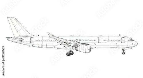 Airplane side view with landing gear down aircraft outline