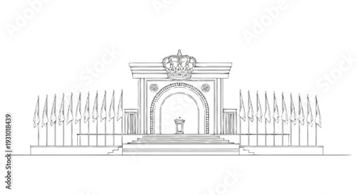 Black and white of archway with crown and flags line monument