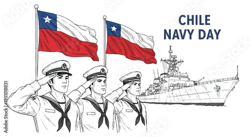 Chile Navy Day sailors saluting with flags and warship