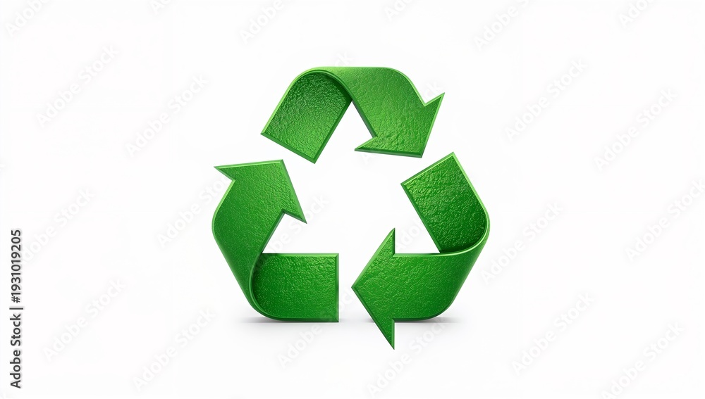 Obraz premium Green 3D Recycling Symbol Isolated on White Background, Hyperrealistic Sustainability and Eco Concept