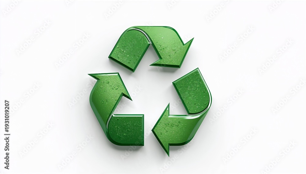 Obraz premium Green 3D Recycling Symbol Isolated on White Background, Hyperrealistic Sustainability and Eco Concept