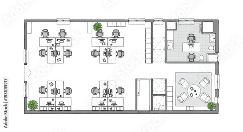 Office floor plan with cubicles and meeting rooms desks 1
