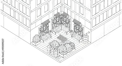 Isometric view of urban courtyard with planters and benches cityscape