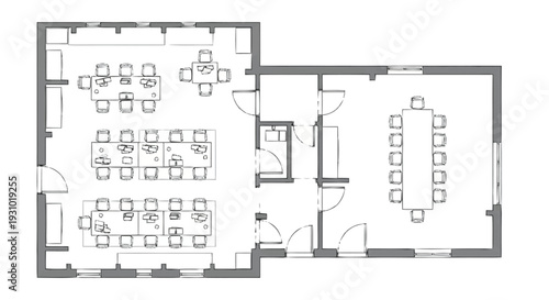 Office floor plan with meeting rooms and workstations layout