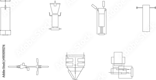 Technical vector drawings of gym equipment, sauna layouts, grand pianos, luxury beds, vehicles, door openings, IT hardware, and architectural symbols.