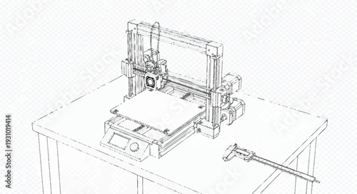 Black and white of 3 D printer on table 3D printer machine device