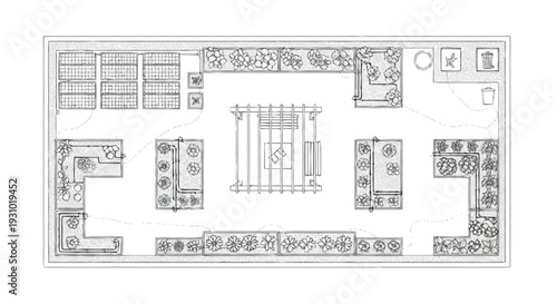 Black and white garden plan with plants and walkways garden landscape plan patio