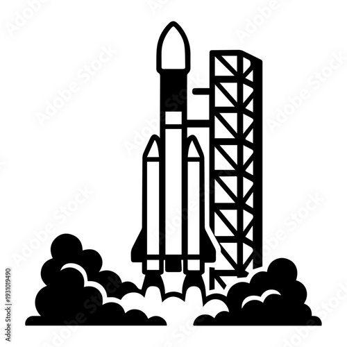 Rocket launching from space station with smoke clouds icon representing startup growth, innovation, space exploration, technology progress, and mission success.