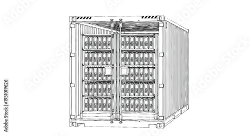 Shipping container with rows of electrical circuit breakers and switches electrical panel
