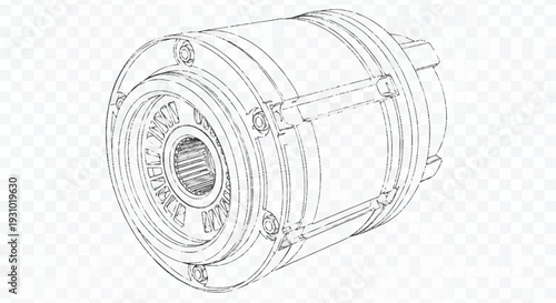 Black and white line of a cylindrical mechanical component with a gear visible through a