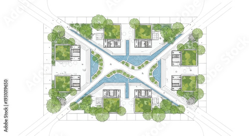 Aerial view of a symmetrical urban complex with buildings, green spaces, and water