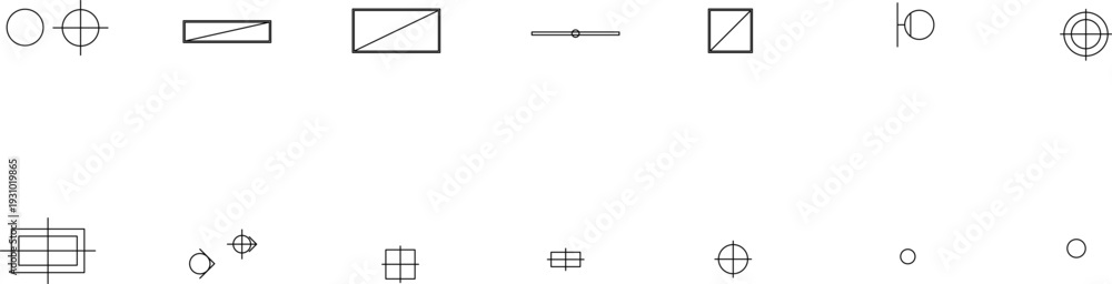 Obraz premium Technical vector drawings of office printers, computer hardware, furniture layouts, bathroom fixtures, tree symbols, and architectural CAD notations.