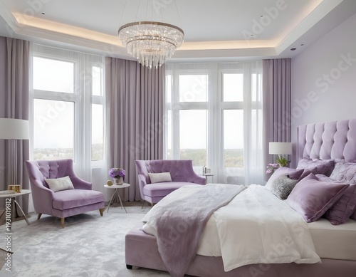 Modern Grey and Purple Bedroom Interior with Soft Lighting and Contemporary Design