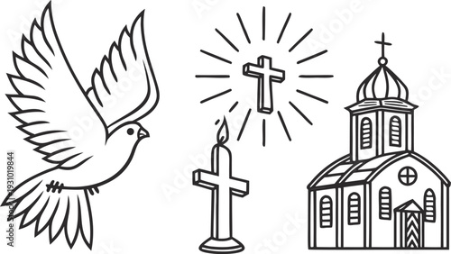 Black and white pentecost symbols dove candle cross church