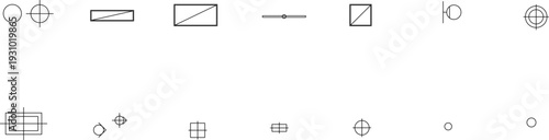 Technical vector drawings of office printers, computer hardware, furniture layouts, bathroom fixtures, tree symbols, and architectural CAD notations.