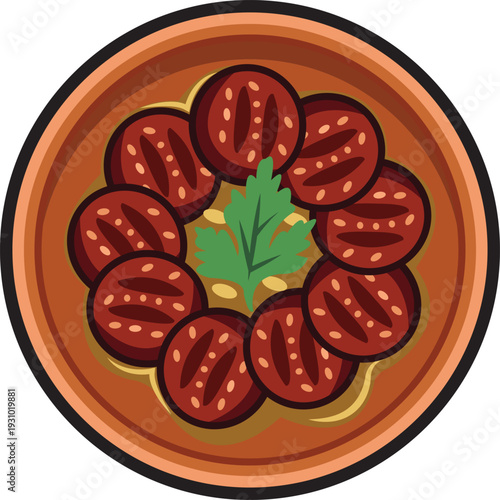 Pepperoni Sausage Platter With Coriander Garnish Top View Illustration