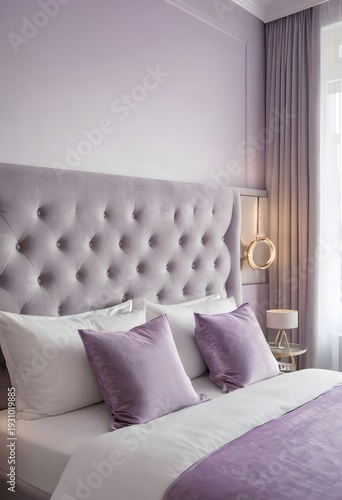 Modern Grey and Purple Bedroom Interior with Soft Lighting and Contemporary Design