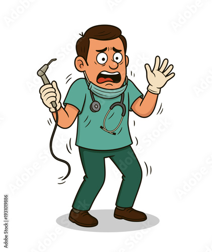 Cartoon dentist holding dental drill with frightened expression, representing dental anxiety, clinic stress, oral healthcare, and dental treatment humor.