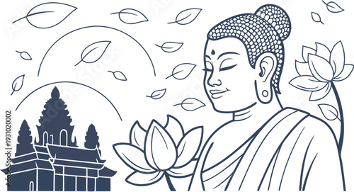 Buddha statue with lotus flower and temple background on white Visak Bochea Day Buddhist