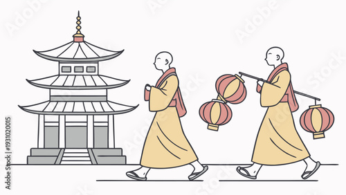 Buddhist monks walking near pagoda with lanterns Asian architecture